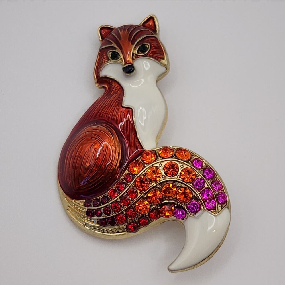 Red Fox Brooch Rhinestone and Enamel Bushy Tail Realistic Animal